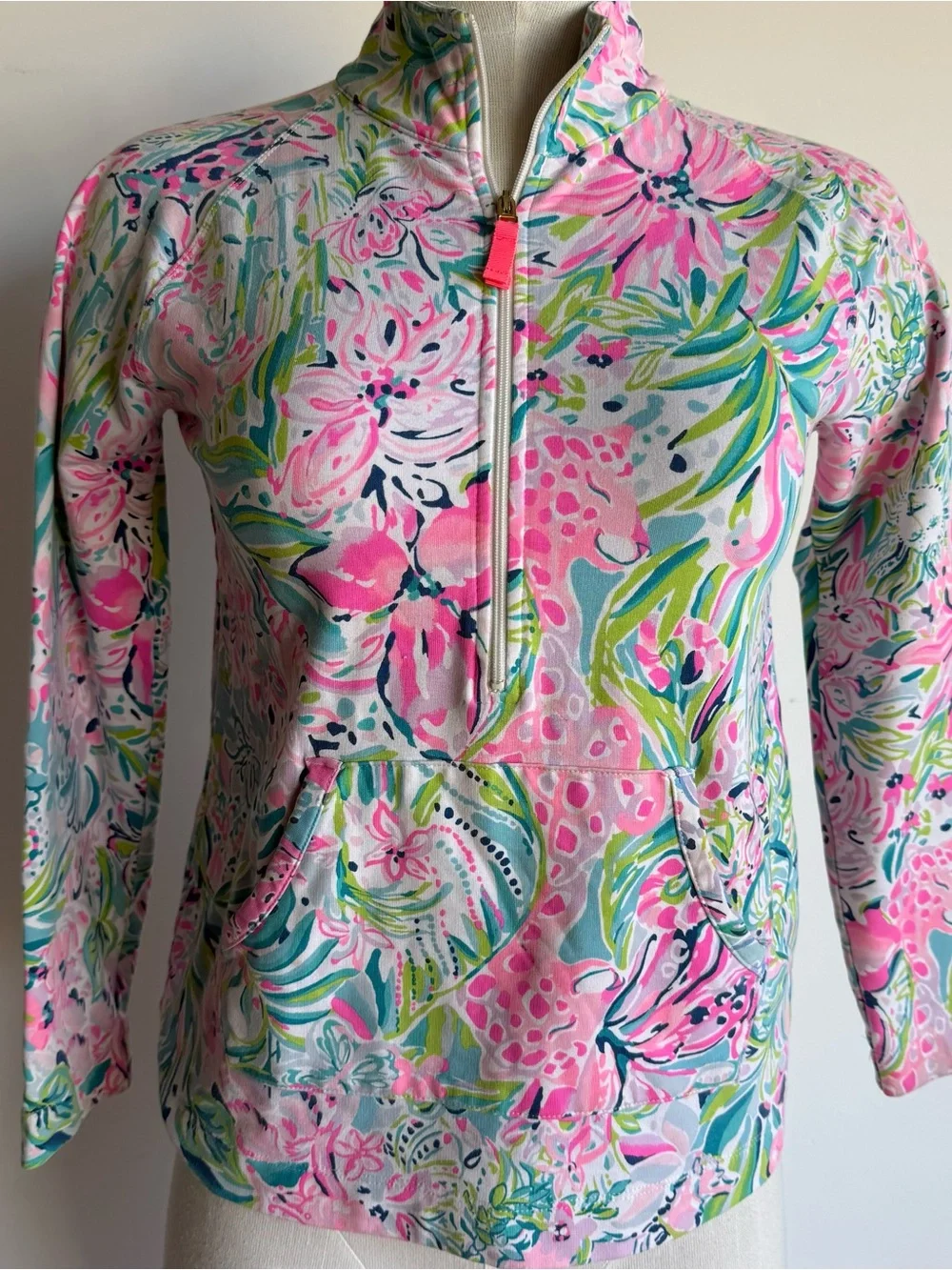 Lilly Pulitzer Sweater 12/14 pink blue floral 1/4 zipper pullover long sleeves